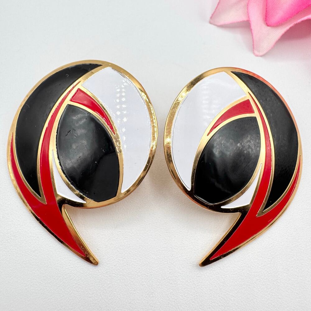 Vintage Abstract Artistic Geometric Dramatic Huge Red White Black Earrings Anime